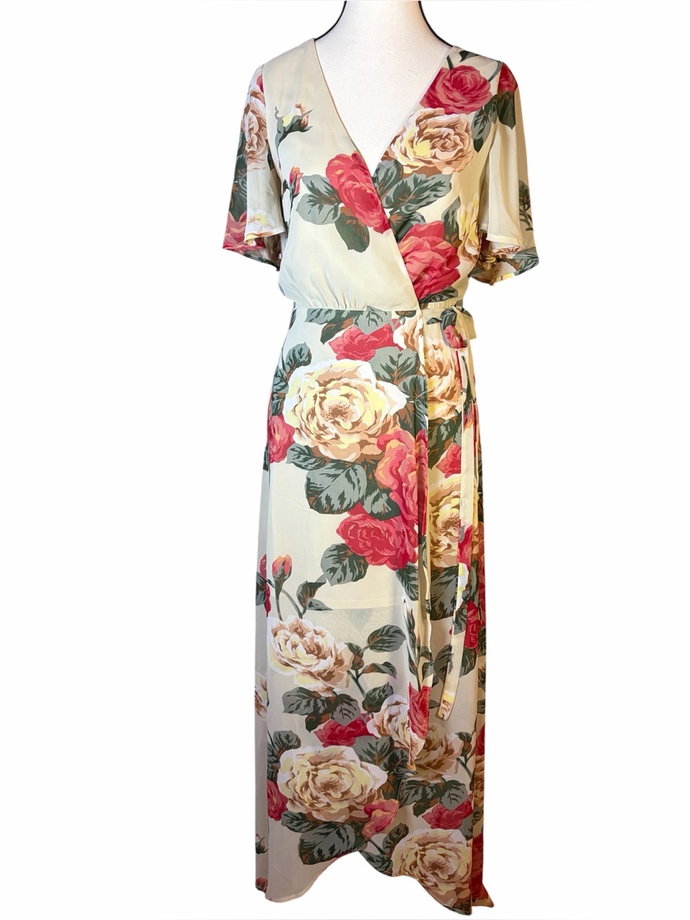 Show Me Your Mumu Sophia Wrap Maxi Dress Cream Floral Rose Flutter Sleeve Size S